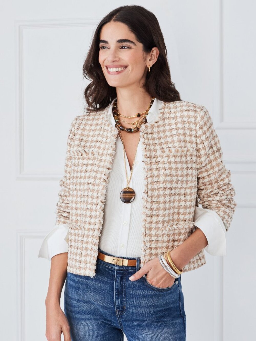 J McLaughlin Martha Tweed Jacket in Houndstooth - White/Taupe NEW
